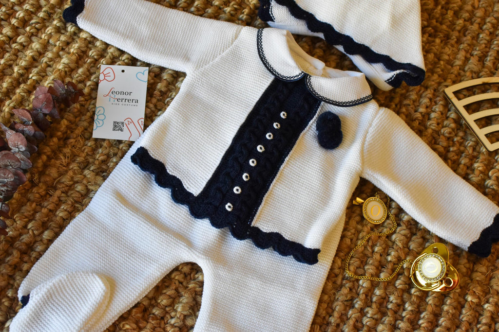 Knit Cable with Pom Pom in White - Old Blue