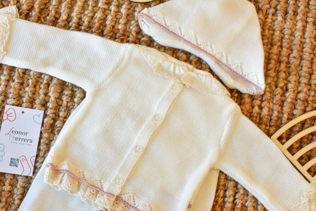 Newborn Knit Bow with Embroidered Strip in Beige - Old Pink