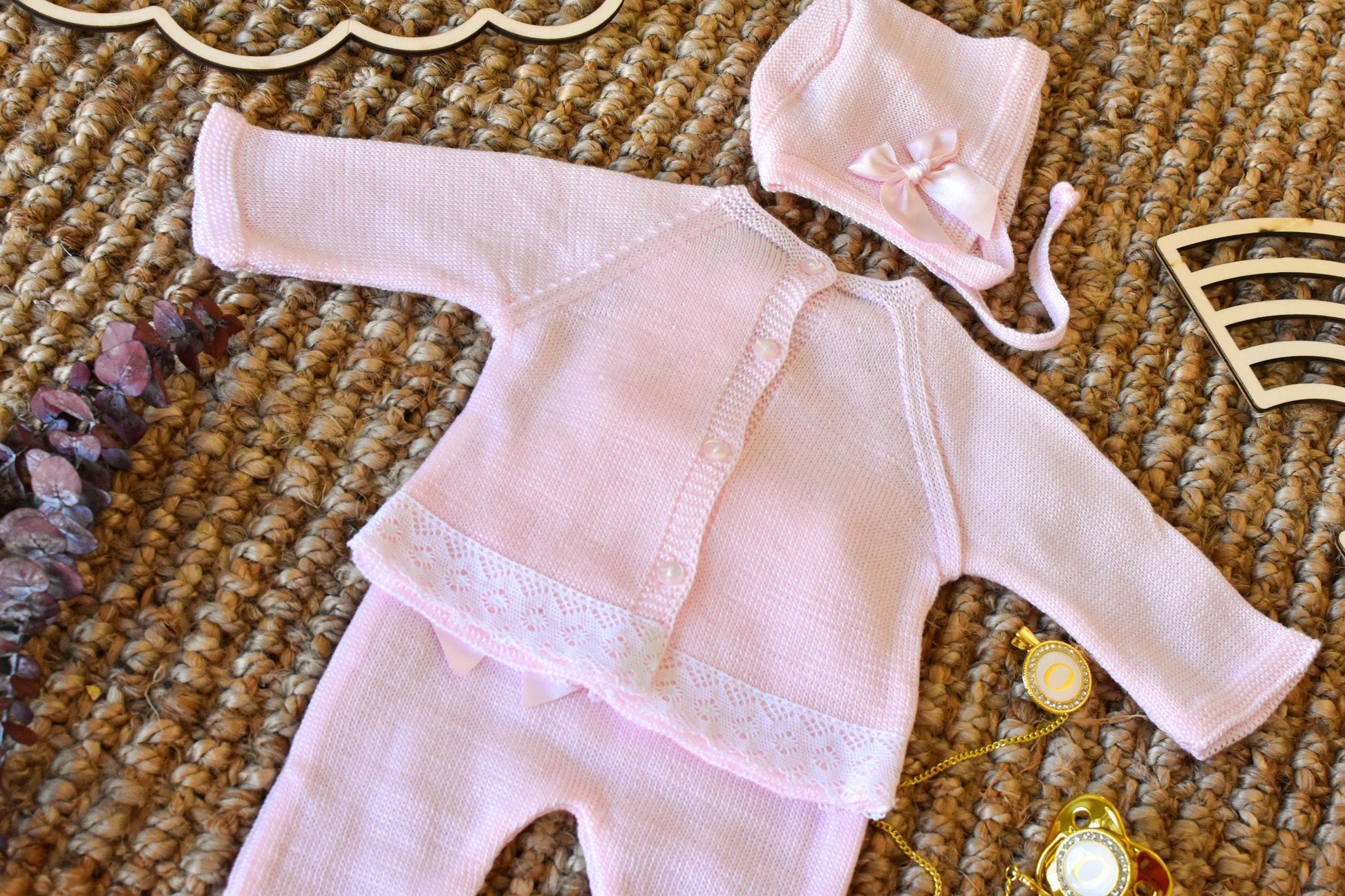 Knitted Set girl with Bow in Pink