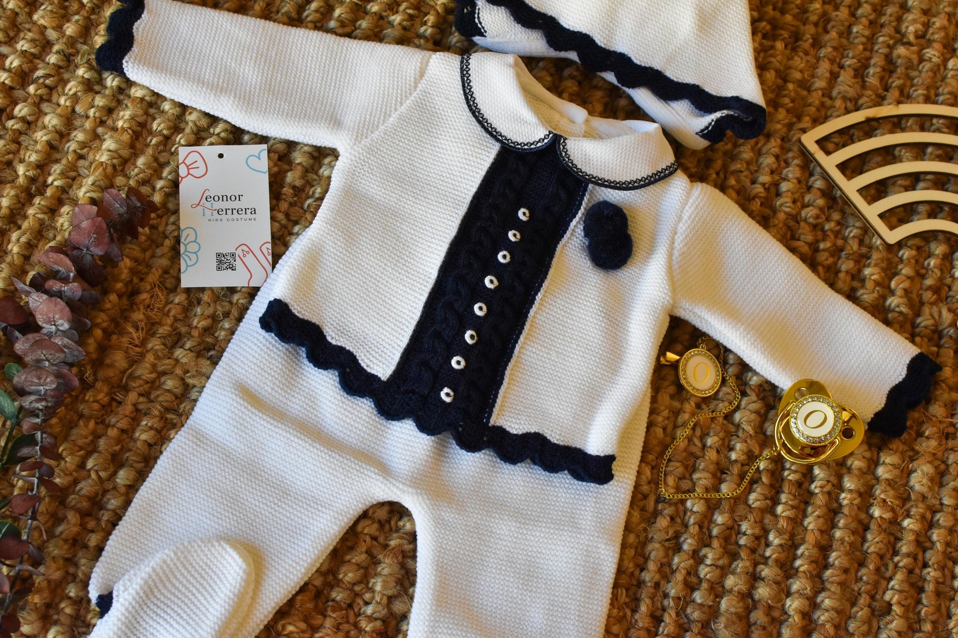 Knit Cable with Pom Pom in White - Old Blue