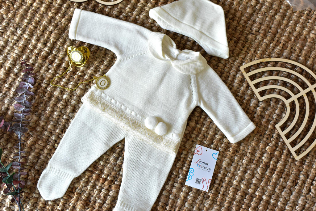 Knitted Pom Pom with lace trim in White - Beige