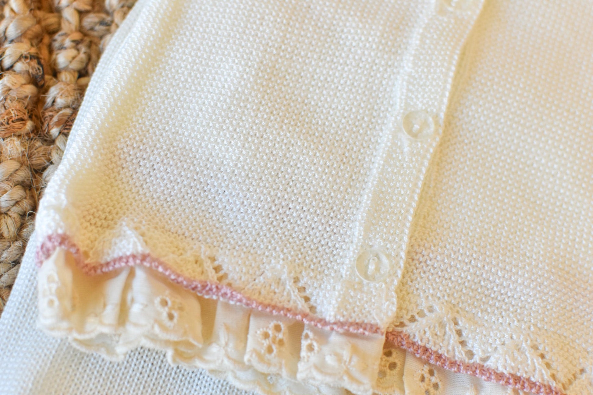 Newborn Knit Bow with Embroidered Strip in Beige - Old Pink