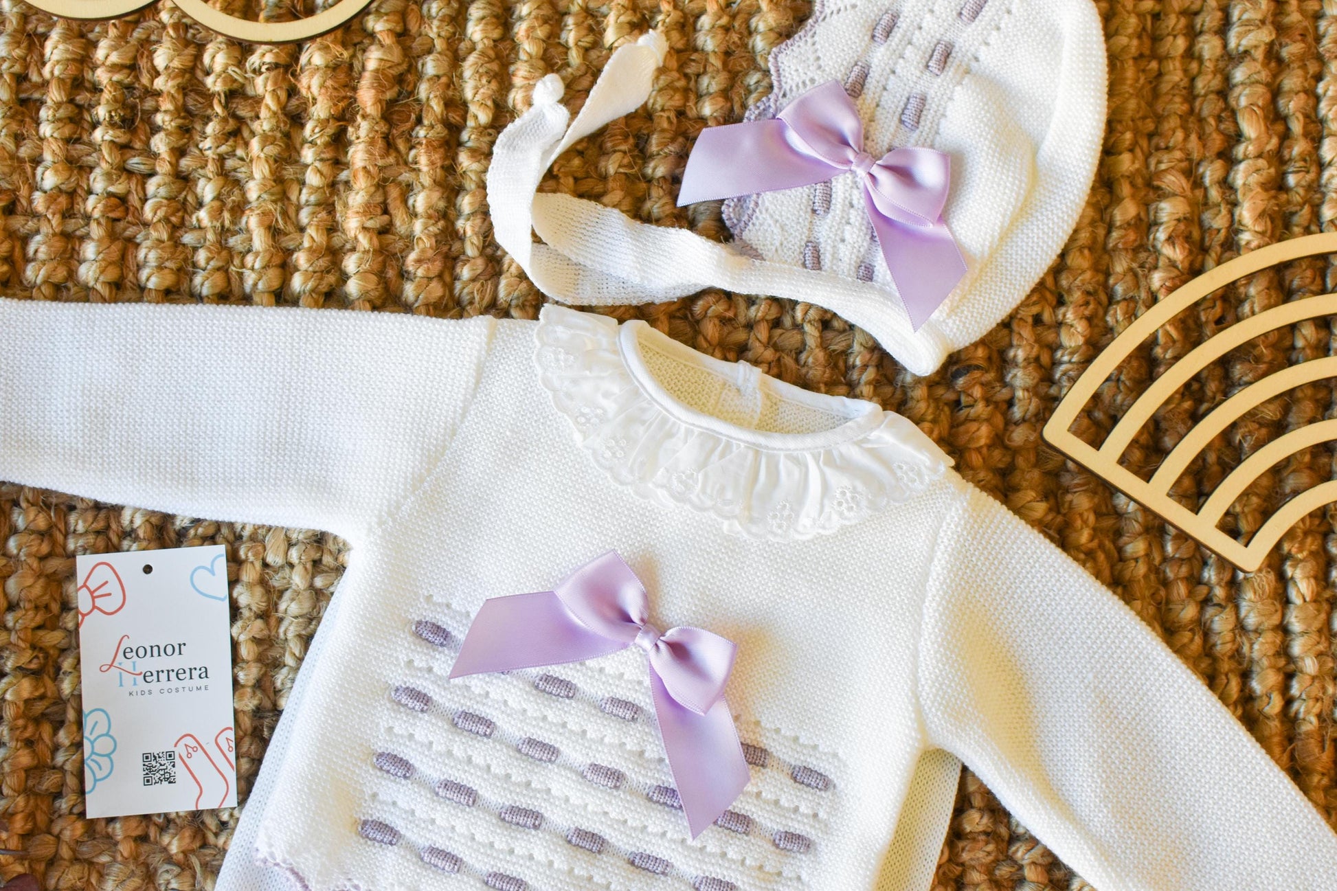 Knit Newborn Girl with Bow in White - Purple