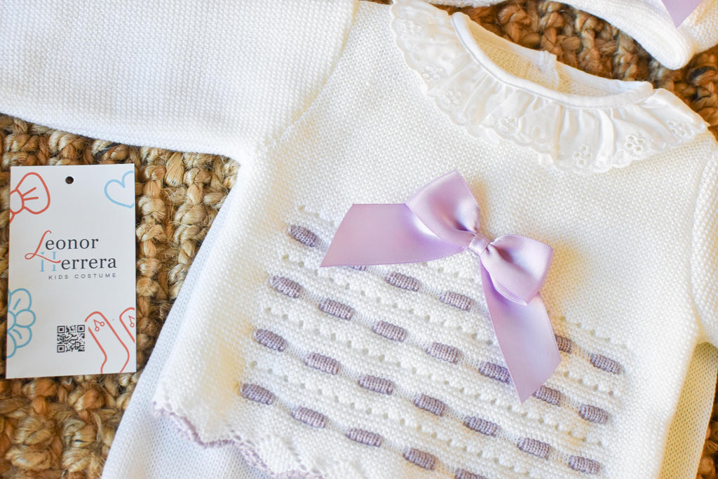 Knit Newborn Girl with Bow in White - Purple