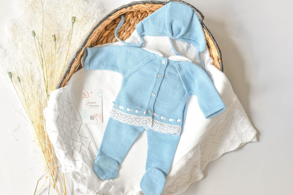 Knitted Pom Pom with Lace Trim in Blue - White