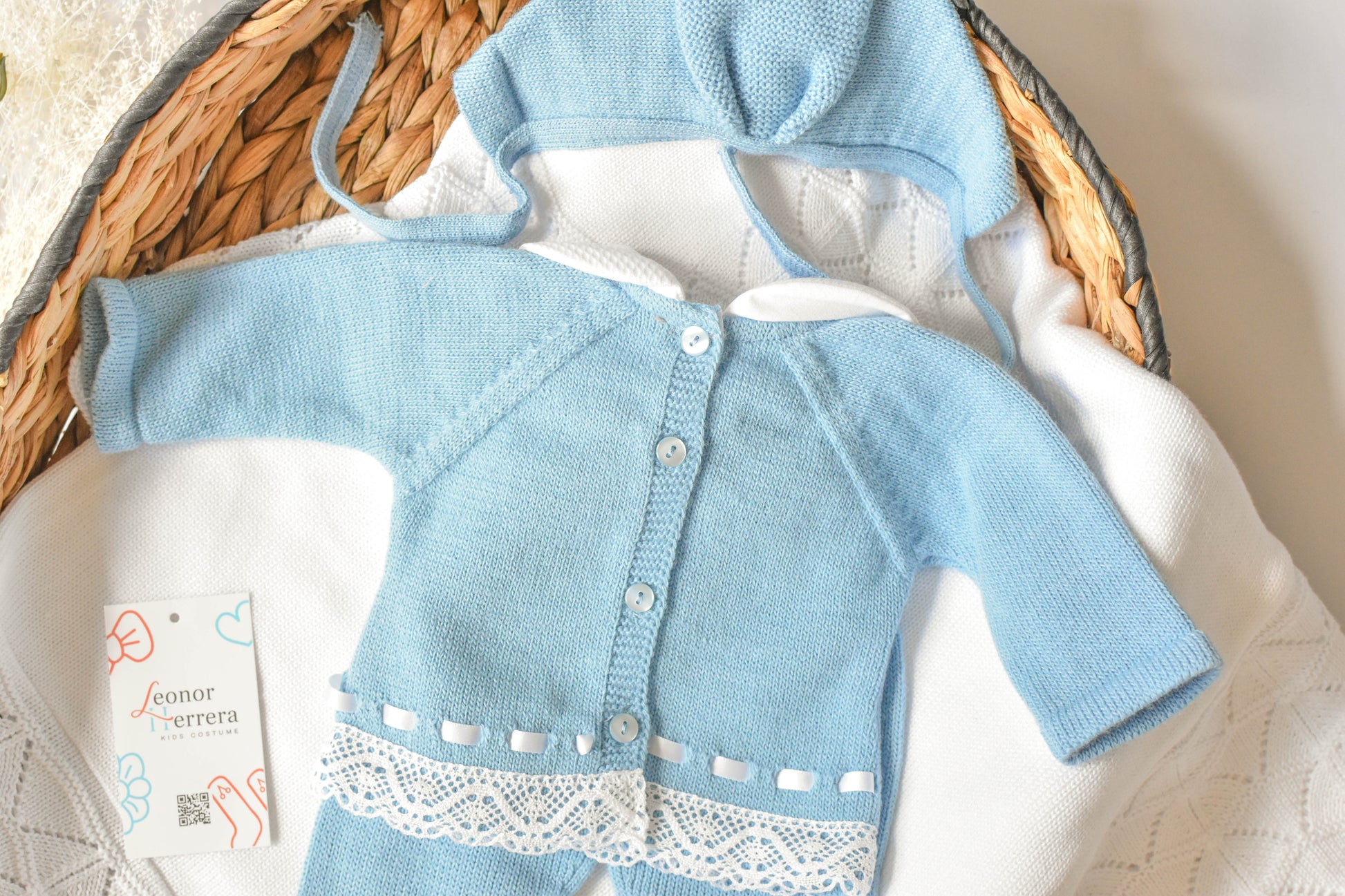 Knitted Pom Pom with Lace Trim in Blue - White