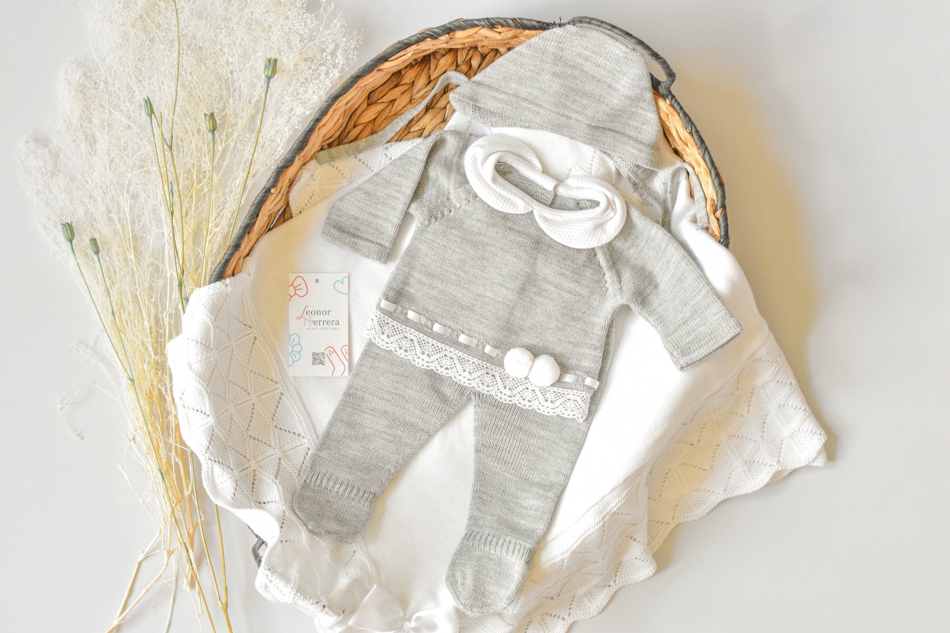 Knitted Pom Pom with Lace Trim in Grey