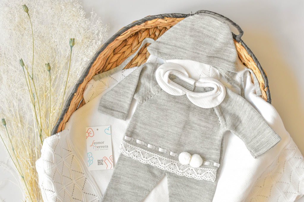 Knitted Pom Pom with Lace Trim in Grey