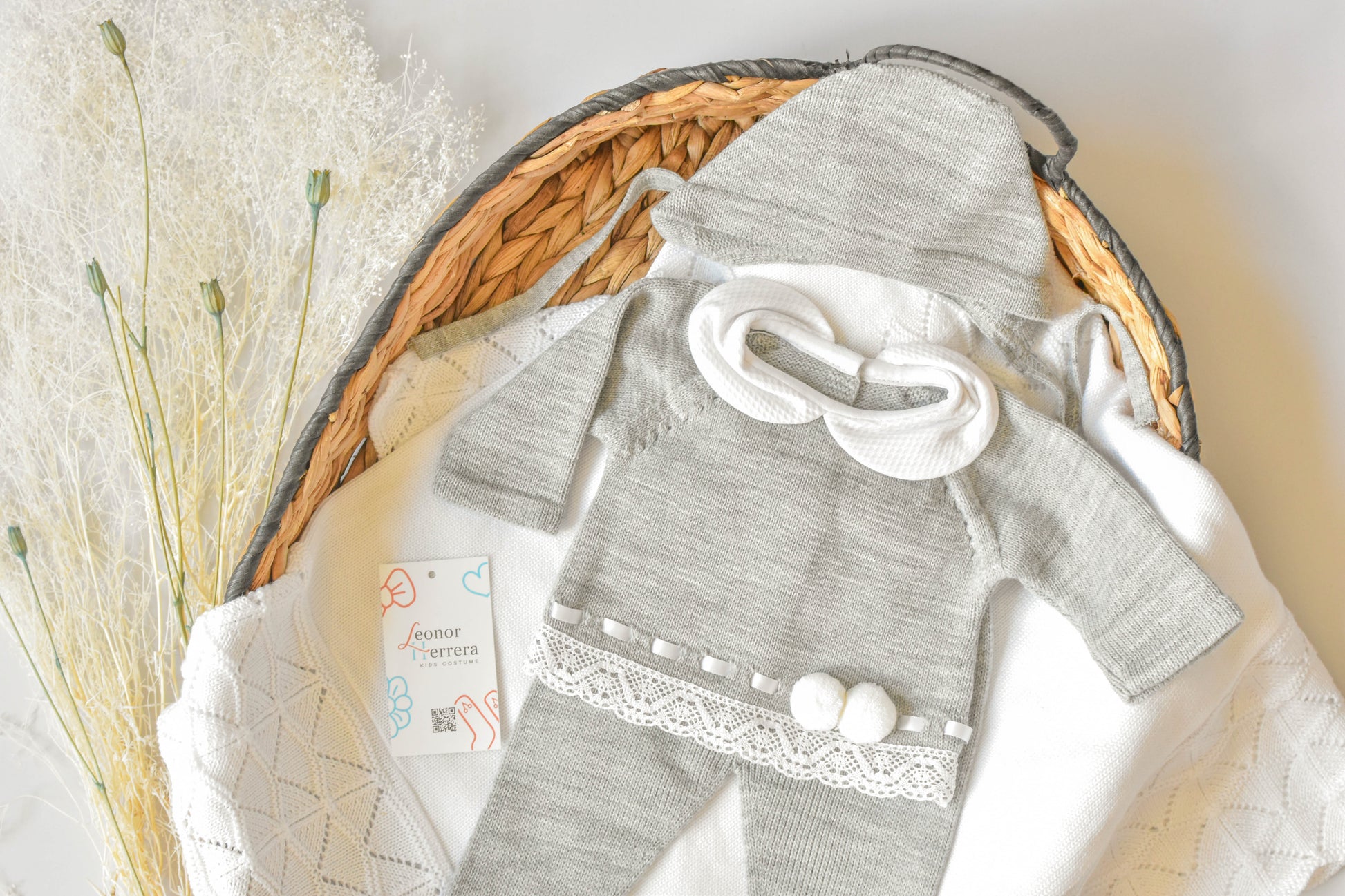 Knitted Pom Pom with Lace Trim in Grey