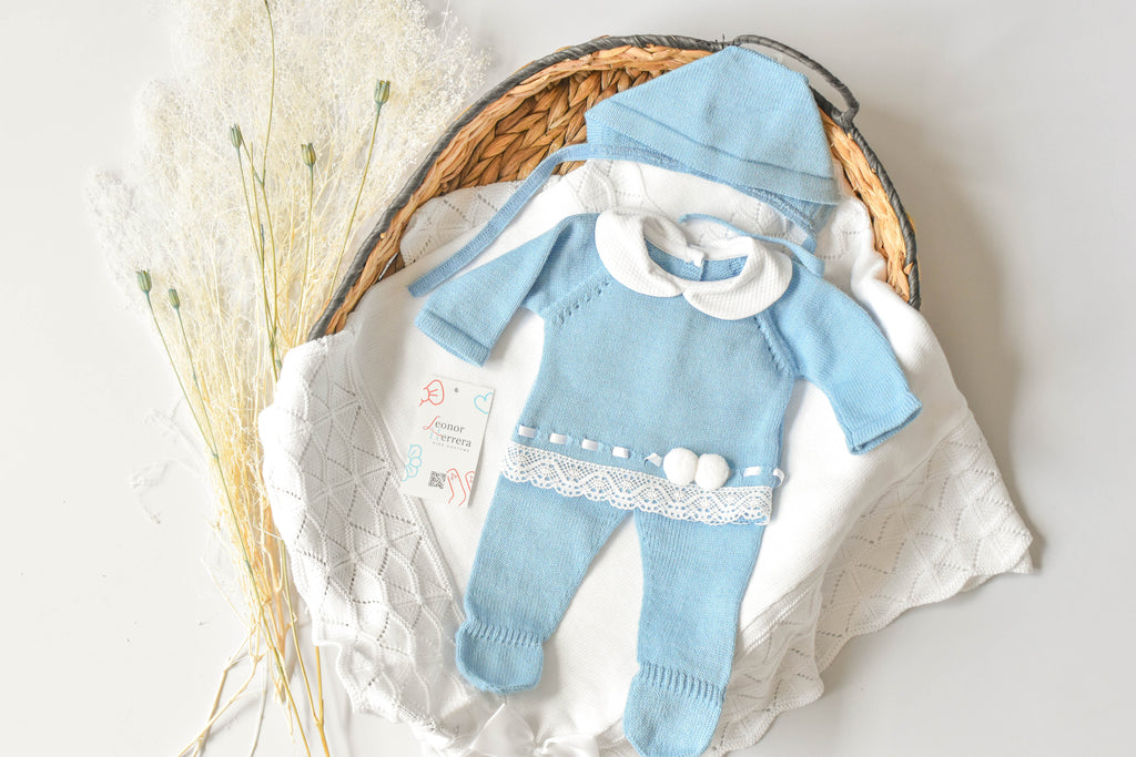 Knitted Pom Pom with Lace Trim in Blue - White