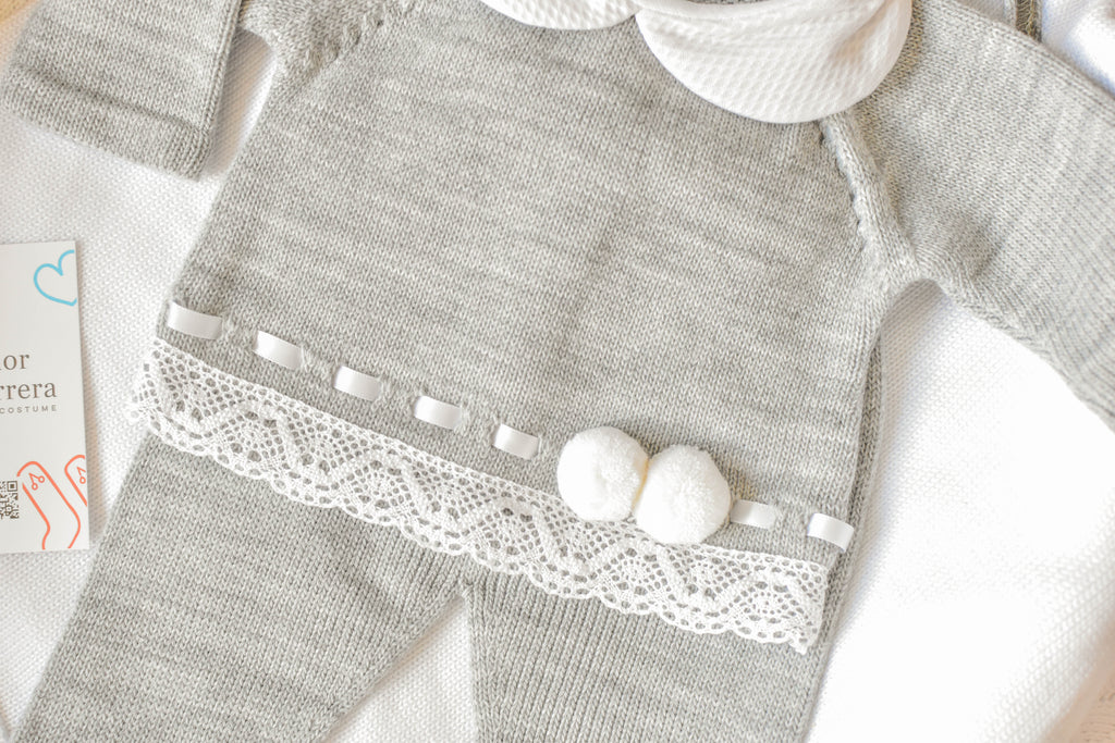 Knitted Pom Pom with Lace Trim in Grey