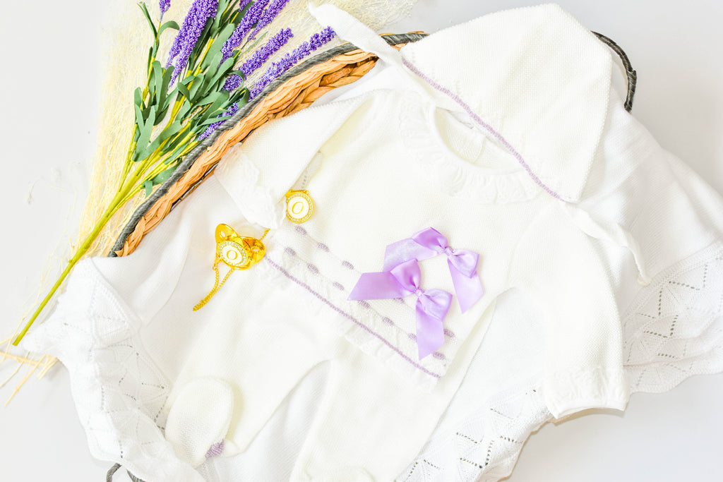 Newborn Knit Bow with Embroidered Strip in Purple