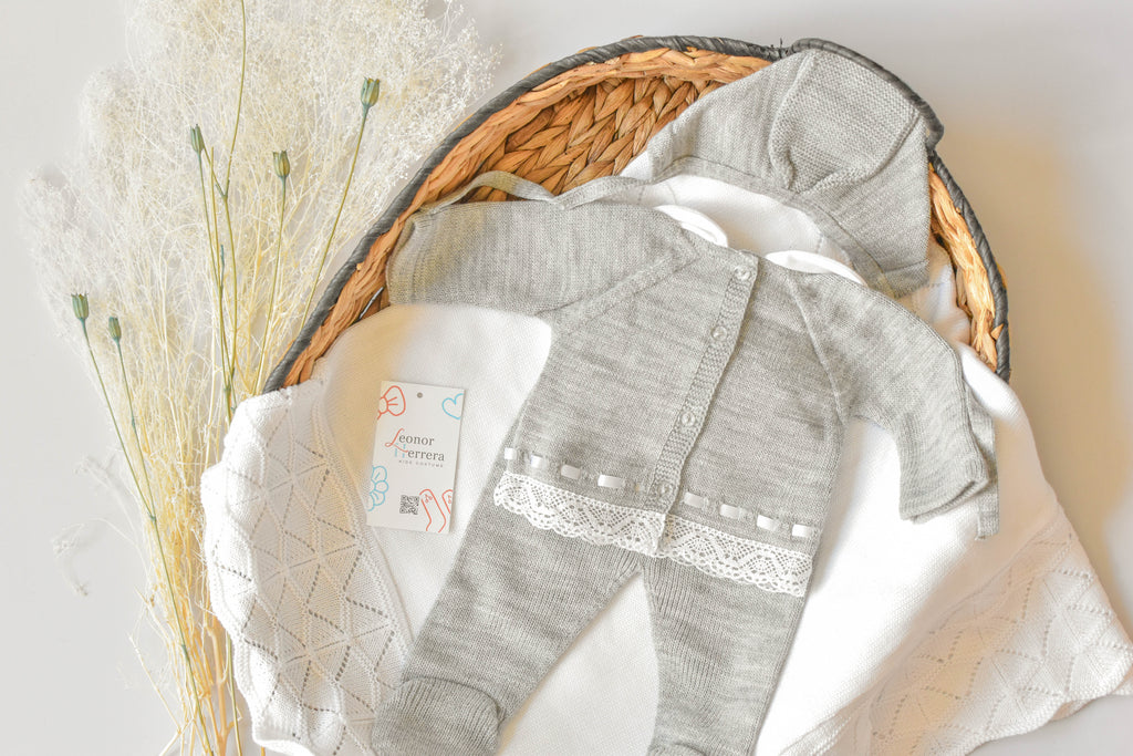 Knitted Pom Pom with Lace Trim in Grey