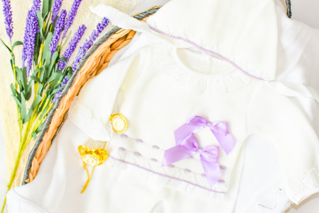 Newborn Knit Bow with Embroidered Strip in Purple