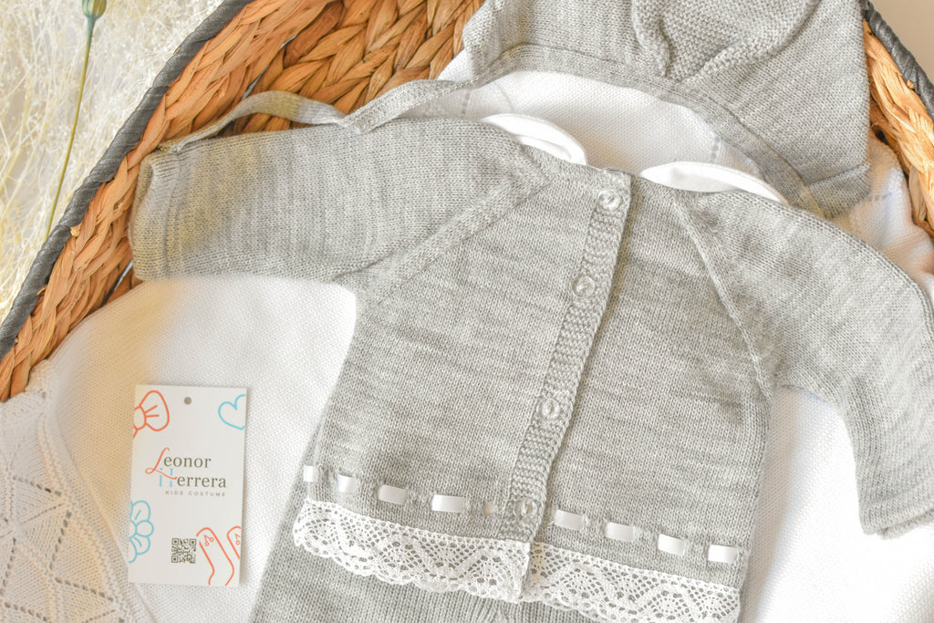 Knitted Pom Pom with Lace Trim in Grey