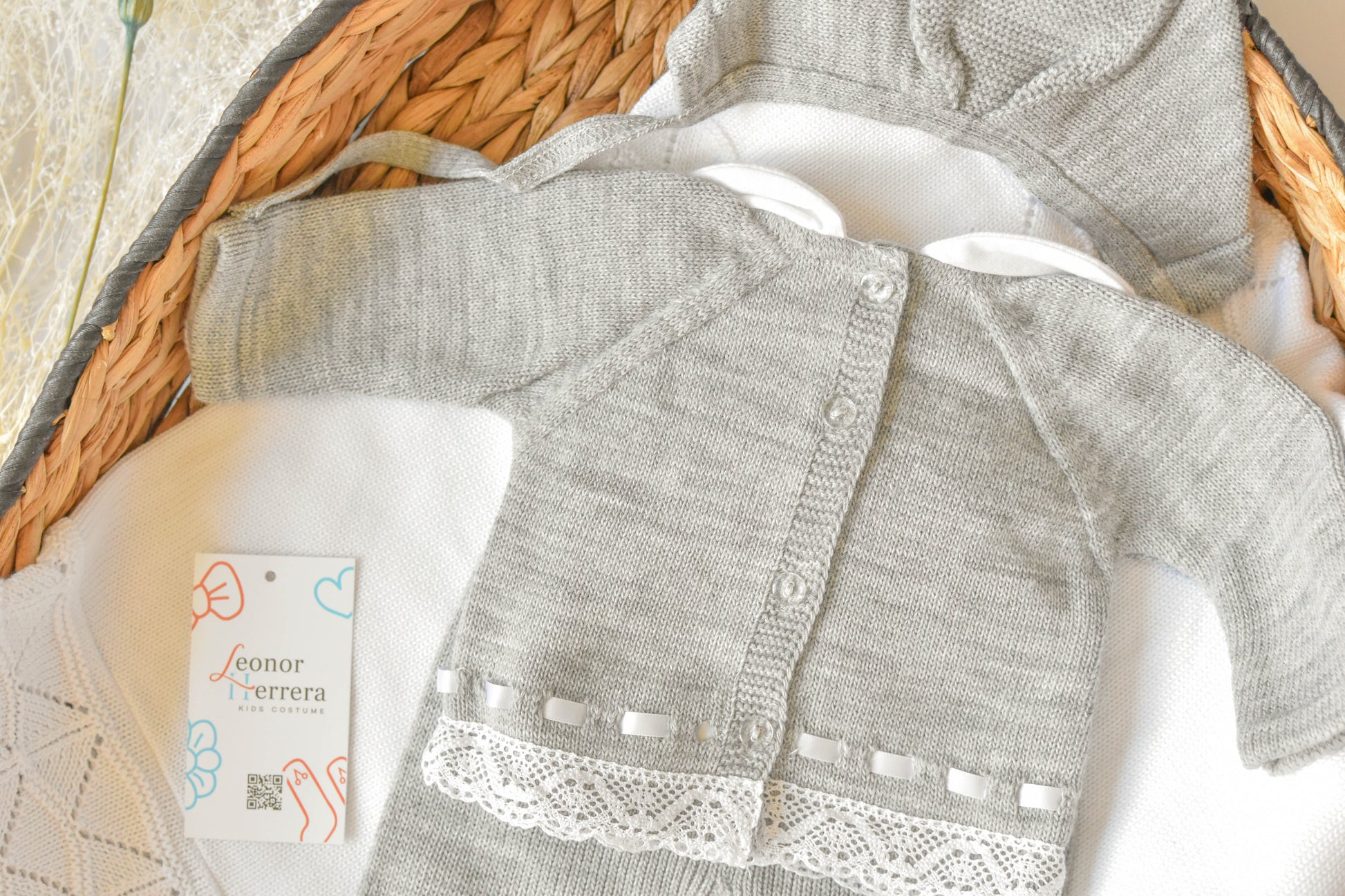 Knitted Pom Pom with Lace Trim in Grey