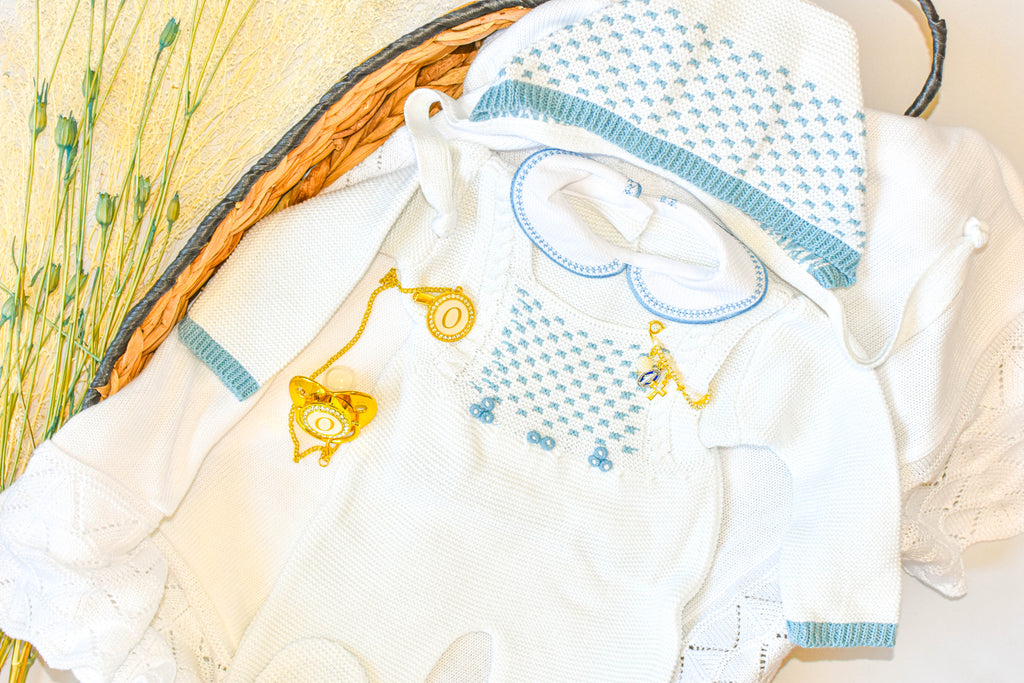 Knitted Newborn set in white Blue