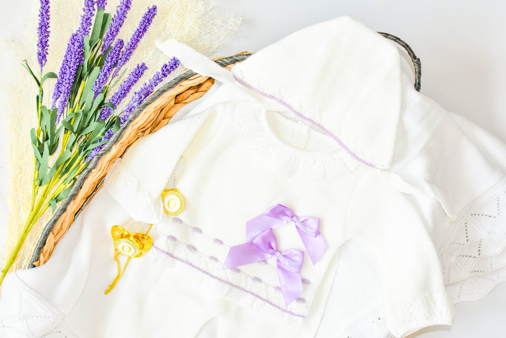 Newborn Knit Bow with Embroidered Strip in Purple