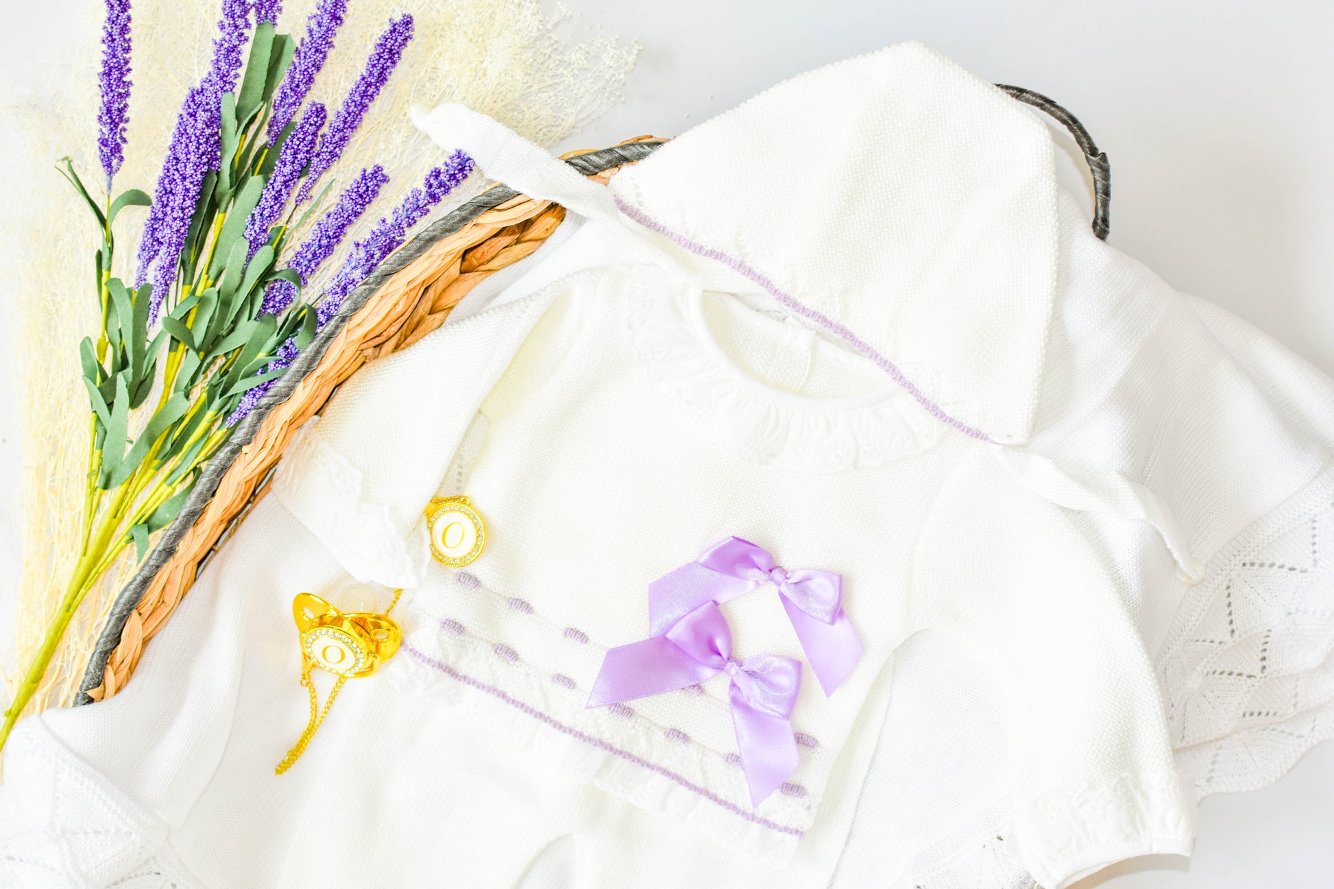 Newborn Knit Bow with Embroidered Strip in Purple