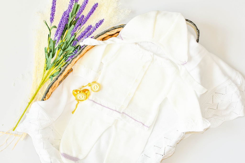 Newborn Knit Bow with Embroidered Strip in Purple