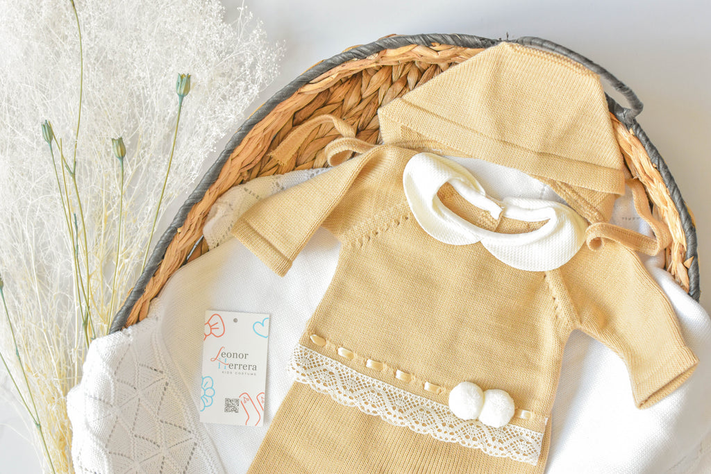 Knitted Pom Pom with lace trim in Camel - White