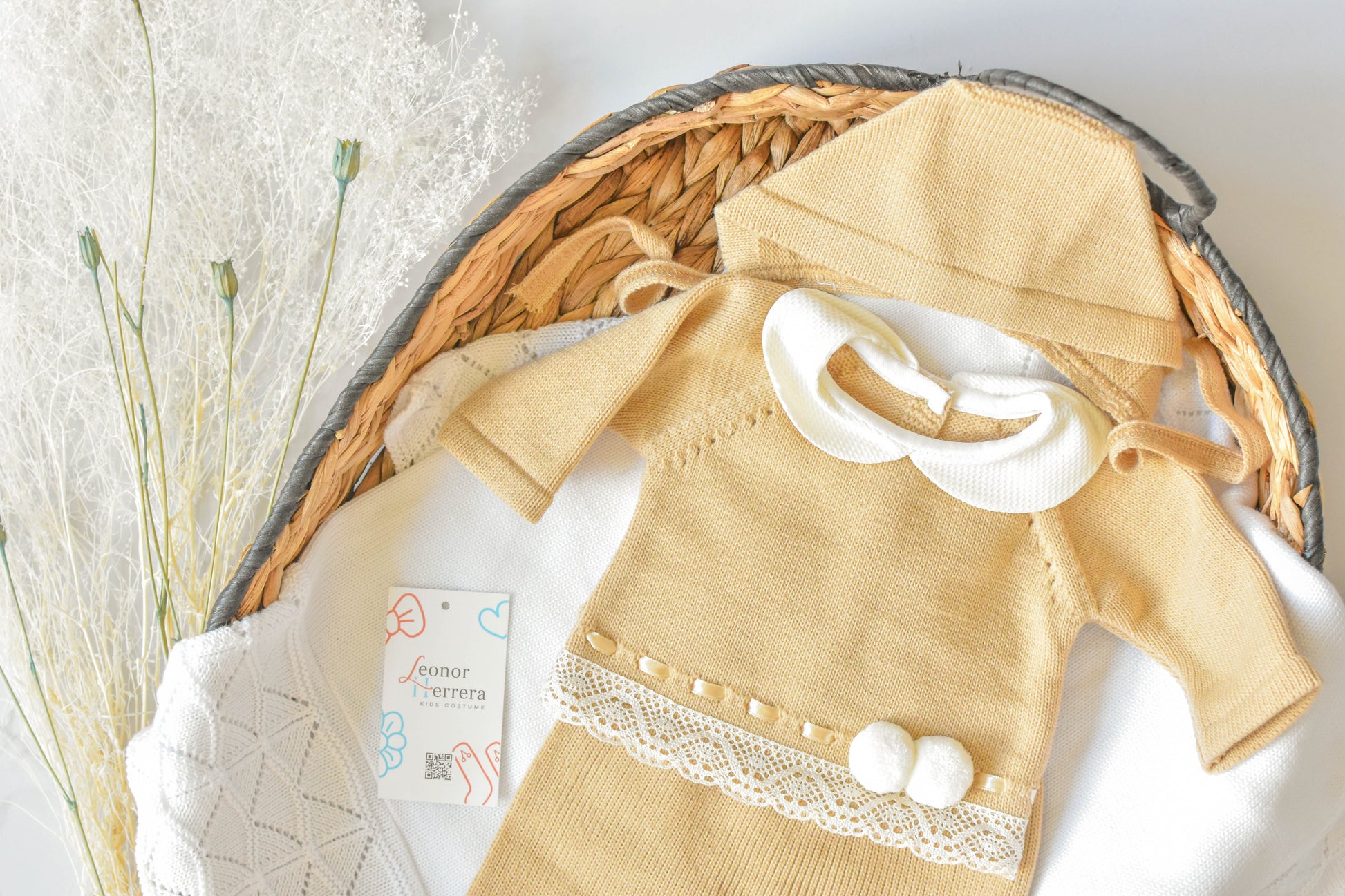 Knitted Pom Pom with lace trim in Camel - White