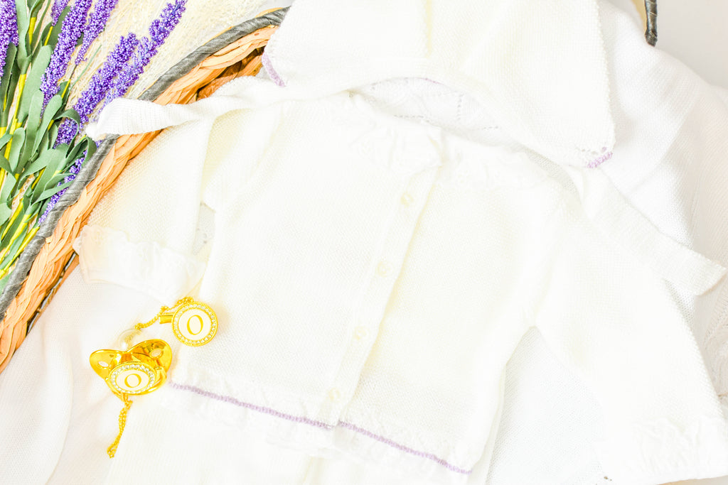 Newborn Knit Bow with Embroidered Strip in Purple