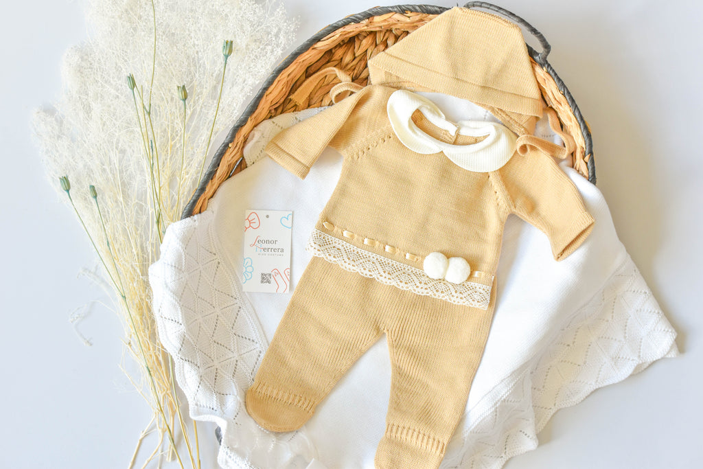 Knitted Pom Pom with lace trim in Camel - White