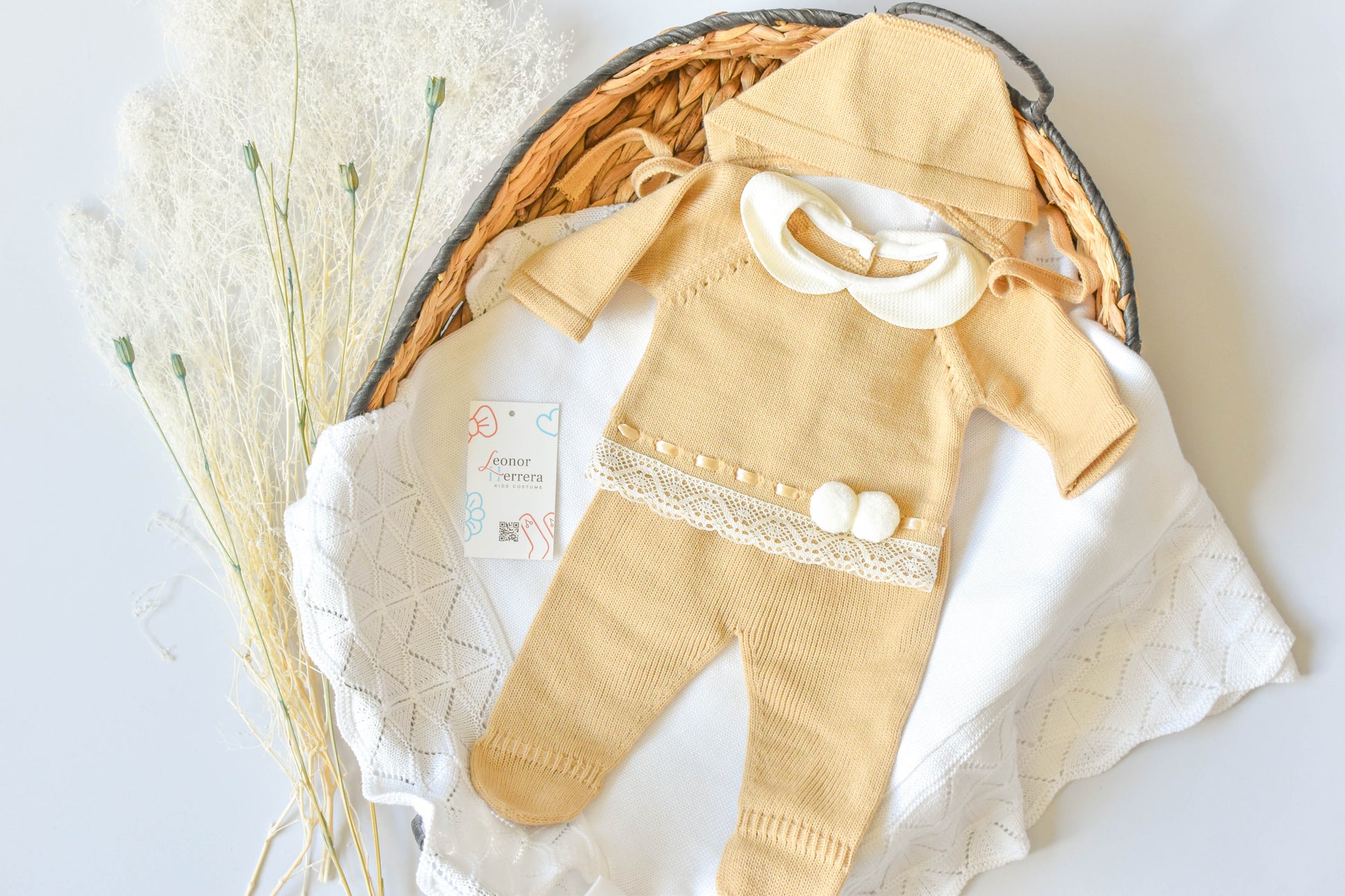 Knitted Pom Pom with lace trim in Camel - White