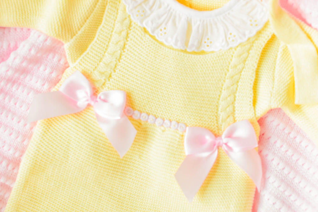 Romper Knit Doble Cable Set in Yellow - Pink