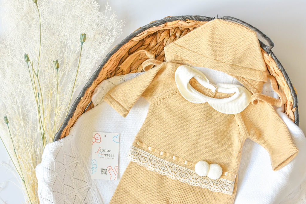 Knitted Pom Pom with lace trim in Camel - White