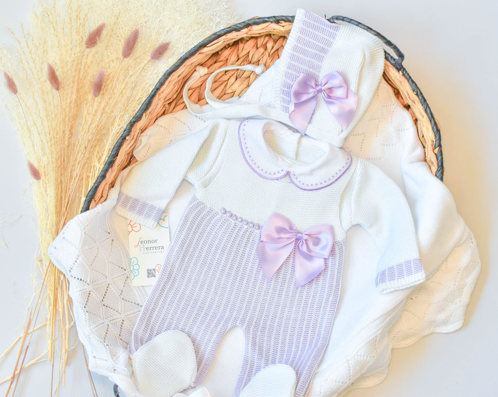 Romper Knitted Newborn set in White - Purple