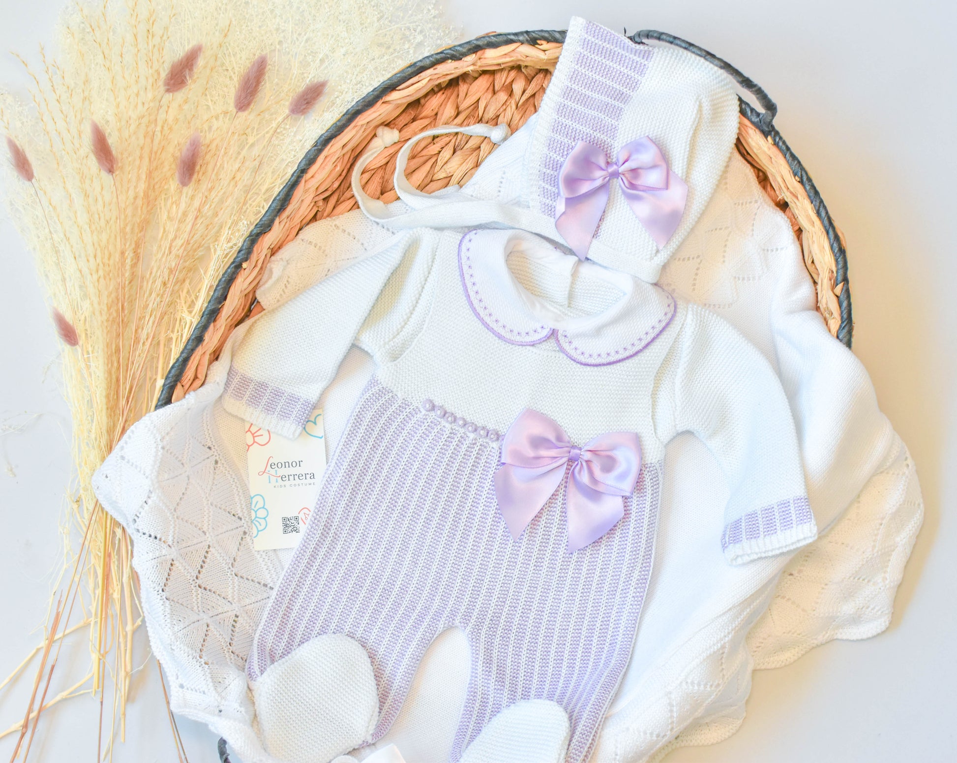Romper Knitted Newborn set in White - Purple
