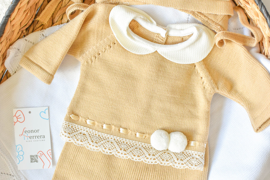 Knitted Pom Pom with lace trim in Camel - White