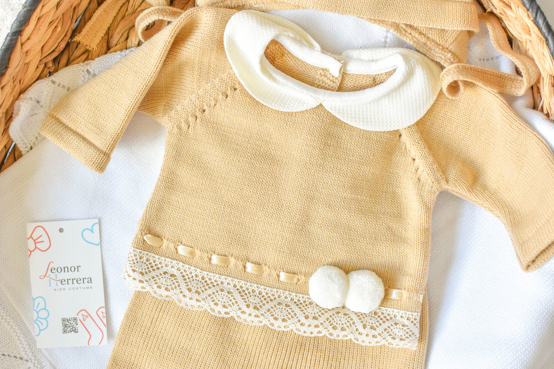 Knitted Pom Pom with lace trim in Camel - White