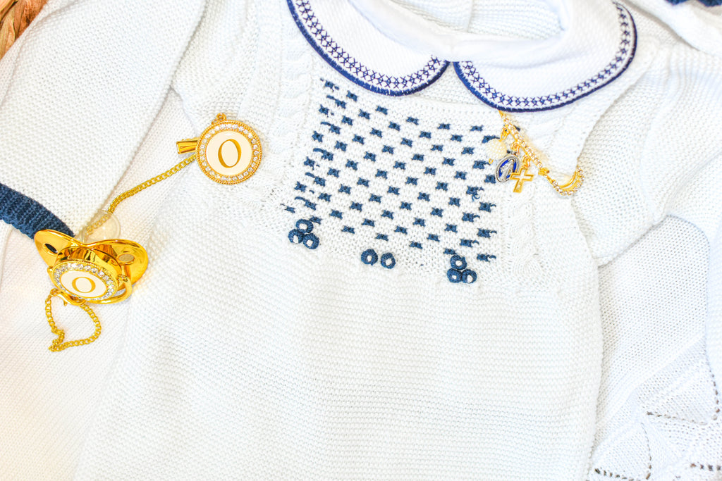 Knitted Newborn set in white Old Blue
