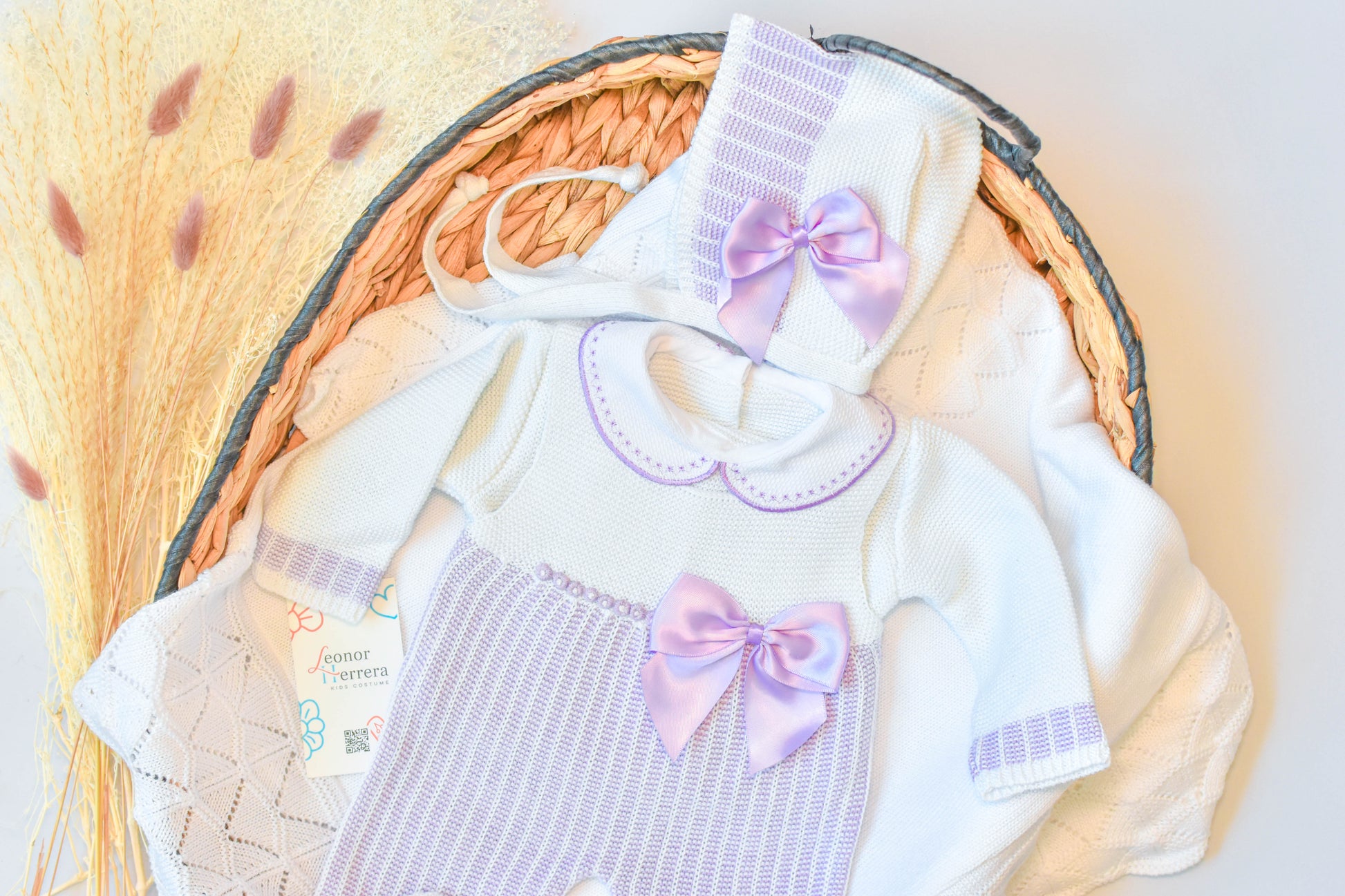 Romper Knitted Newborn set in White - Purple