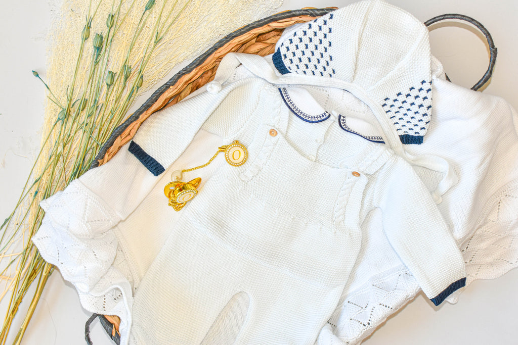 Knitted Newborn set in white Old Blue