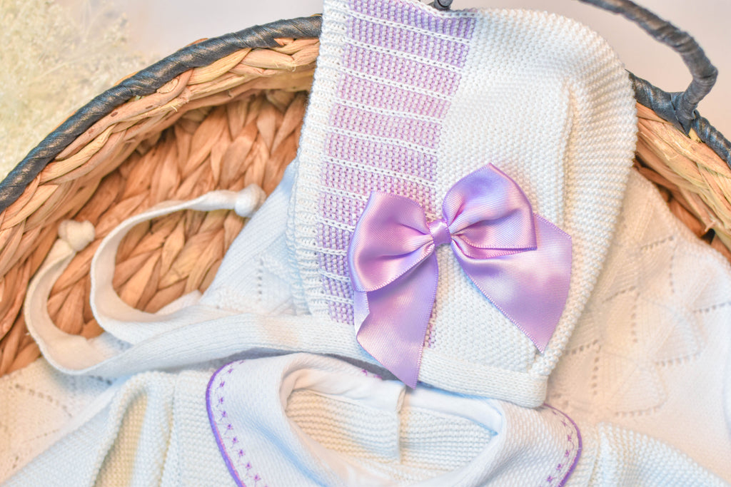 Romper Knitted Newborn set in White - Purple