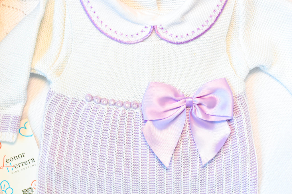 Romper Knitted Newborn set in White - Purple