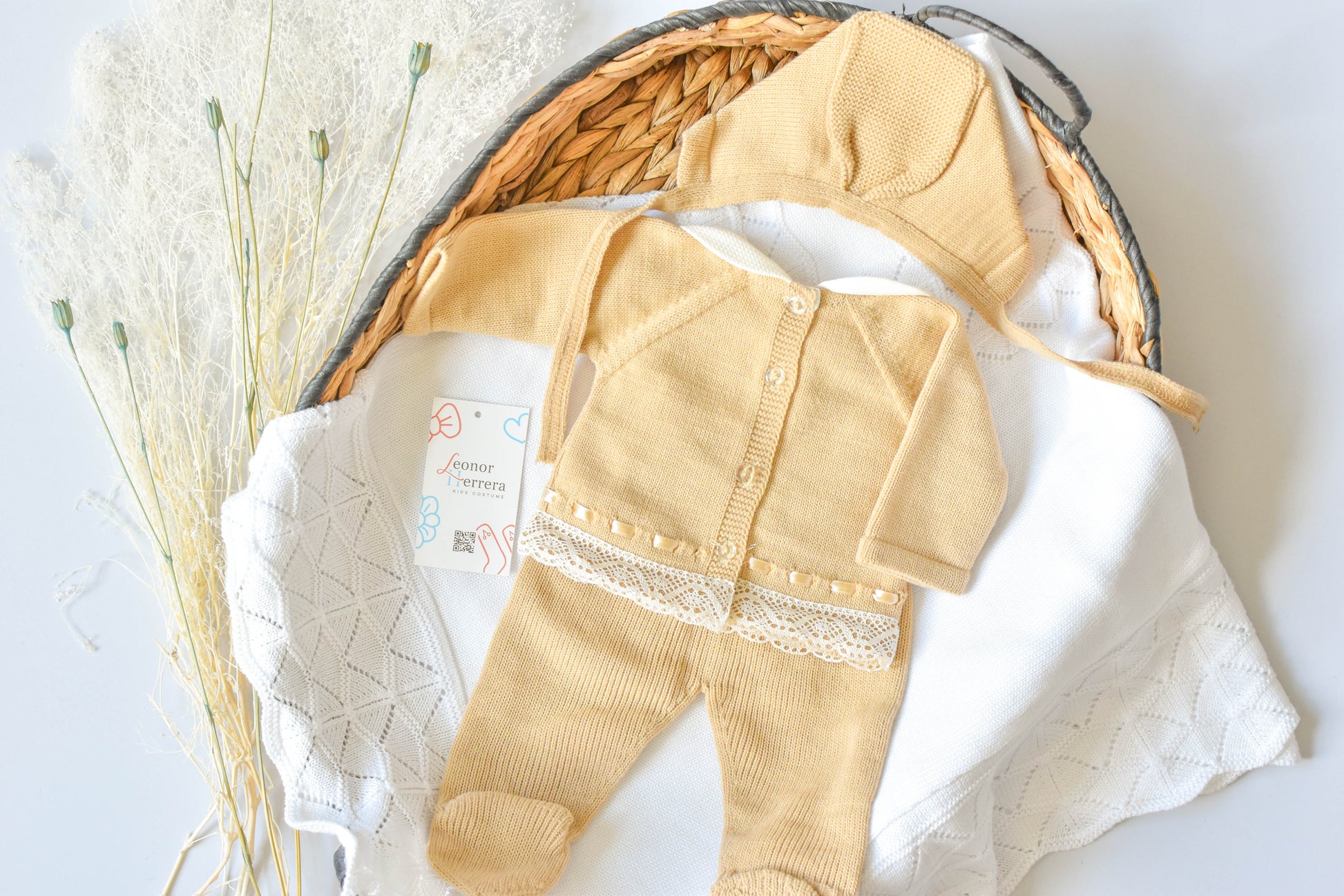 Knitted Pom Pom with lace trim in Camel - White