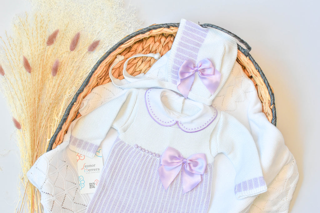 Romper Knitted Newborn set in White - Purple