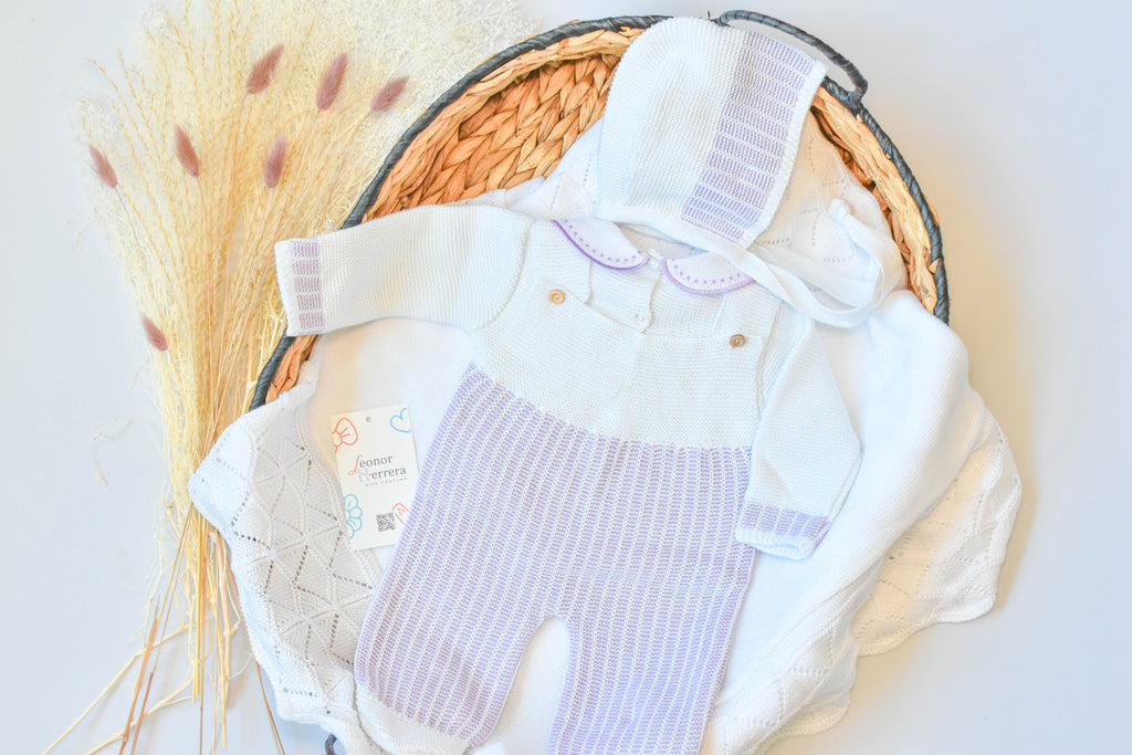 Romper Knitted Newborn set in White - Purple