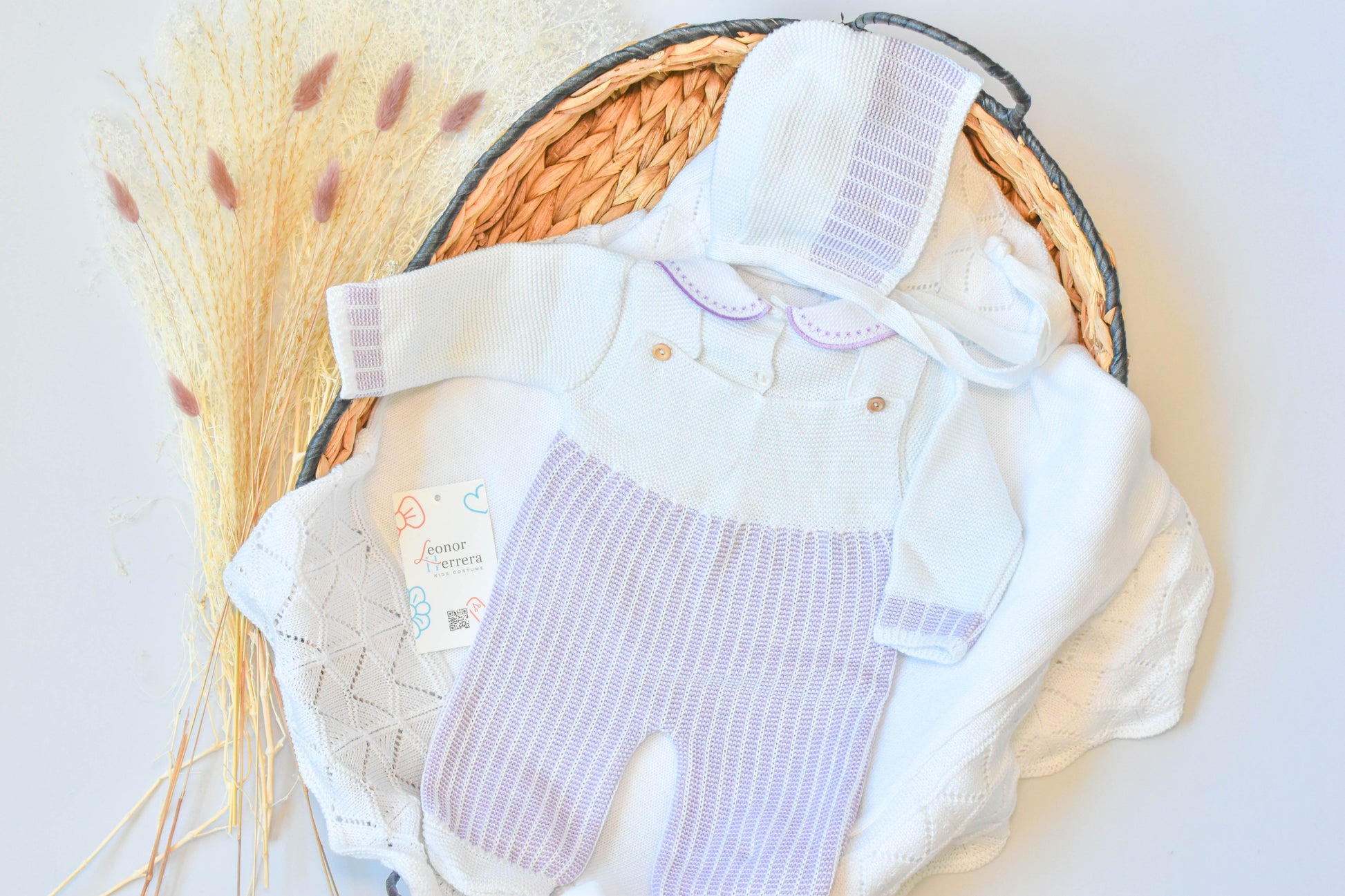 Romper Knitted Newborn set in White - Purple