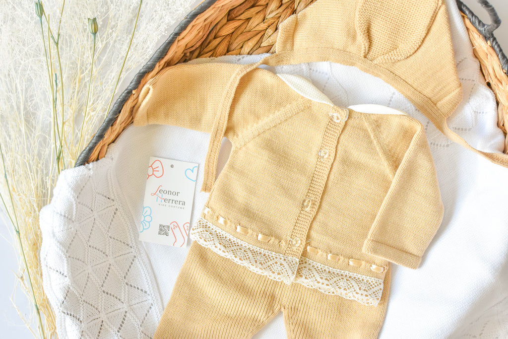 Knitted Pom Pom with lace trim in Camel - White