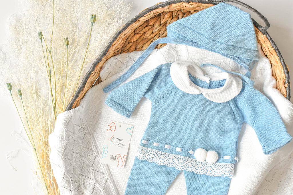 Knitted Pom Pom with Lace Trim in Blue - White