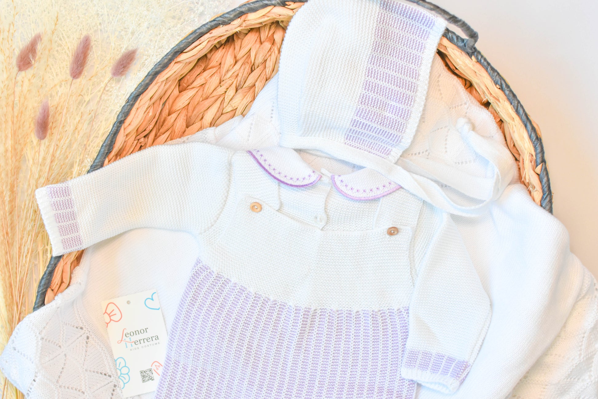Romper Knitted Newborn set in White - Purple