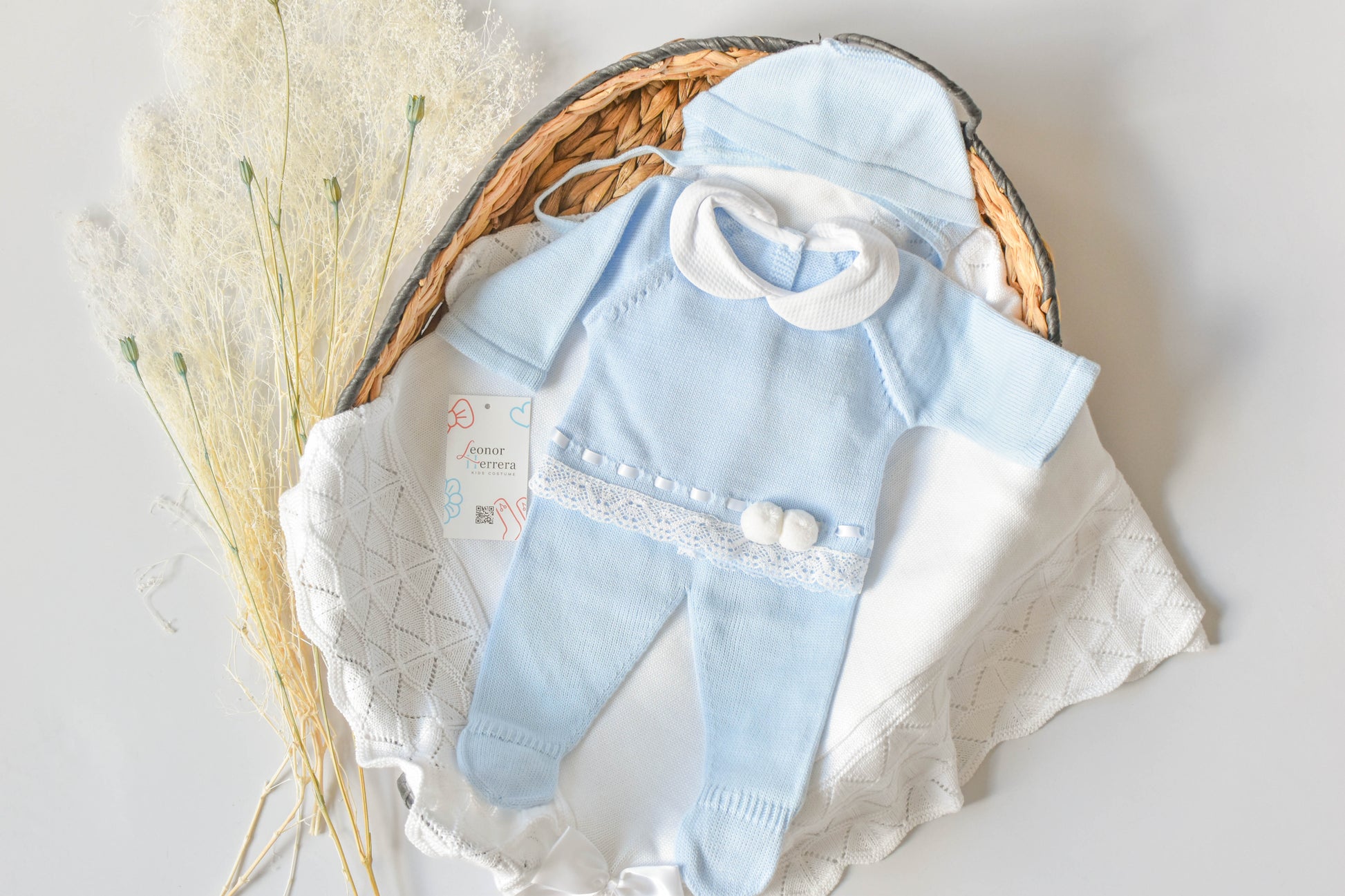 Knitted Pom Pom with Lace Trim in Sky Blue - White