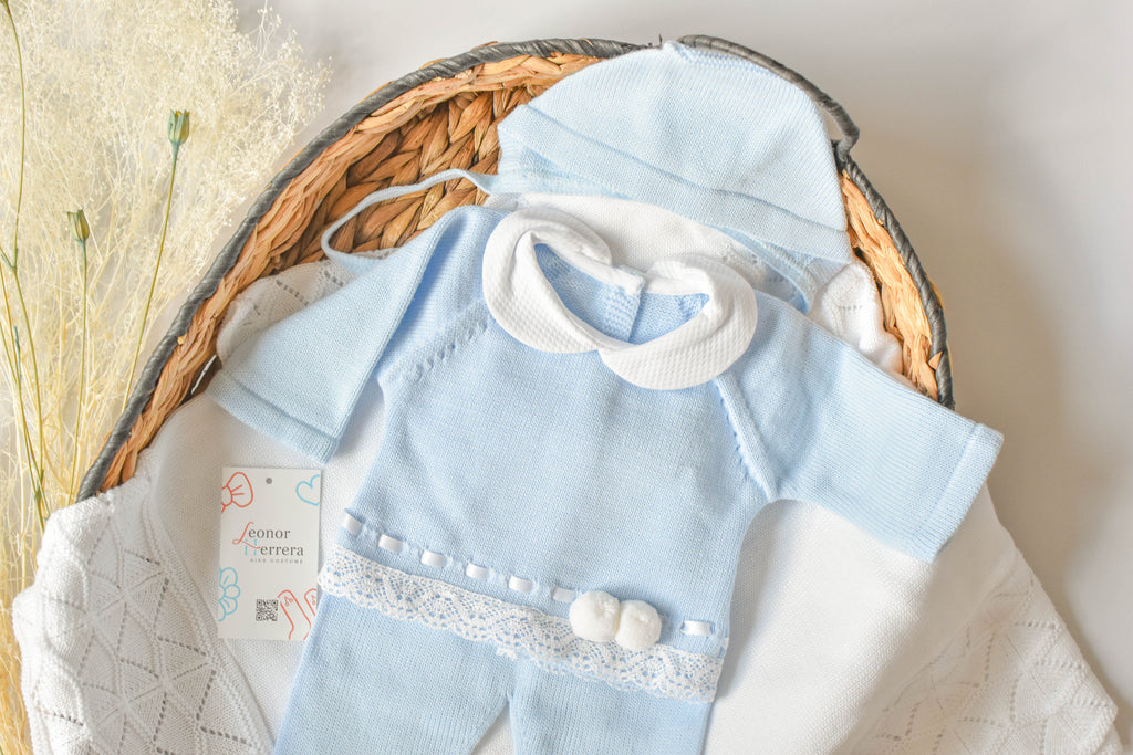 Knitted Pom Pom with Lace Trim in Sky Blue - White