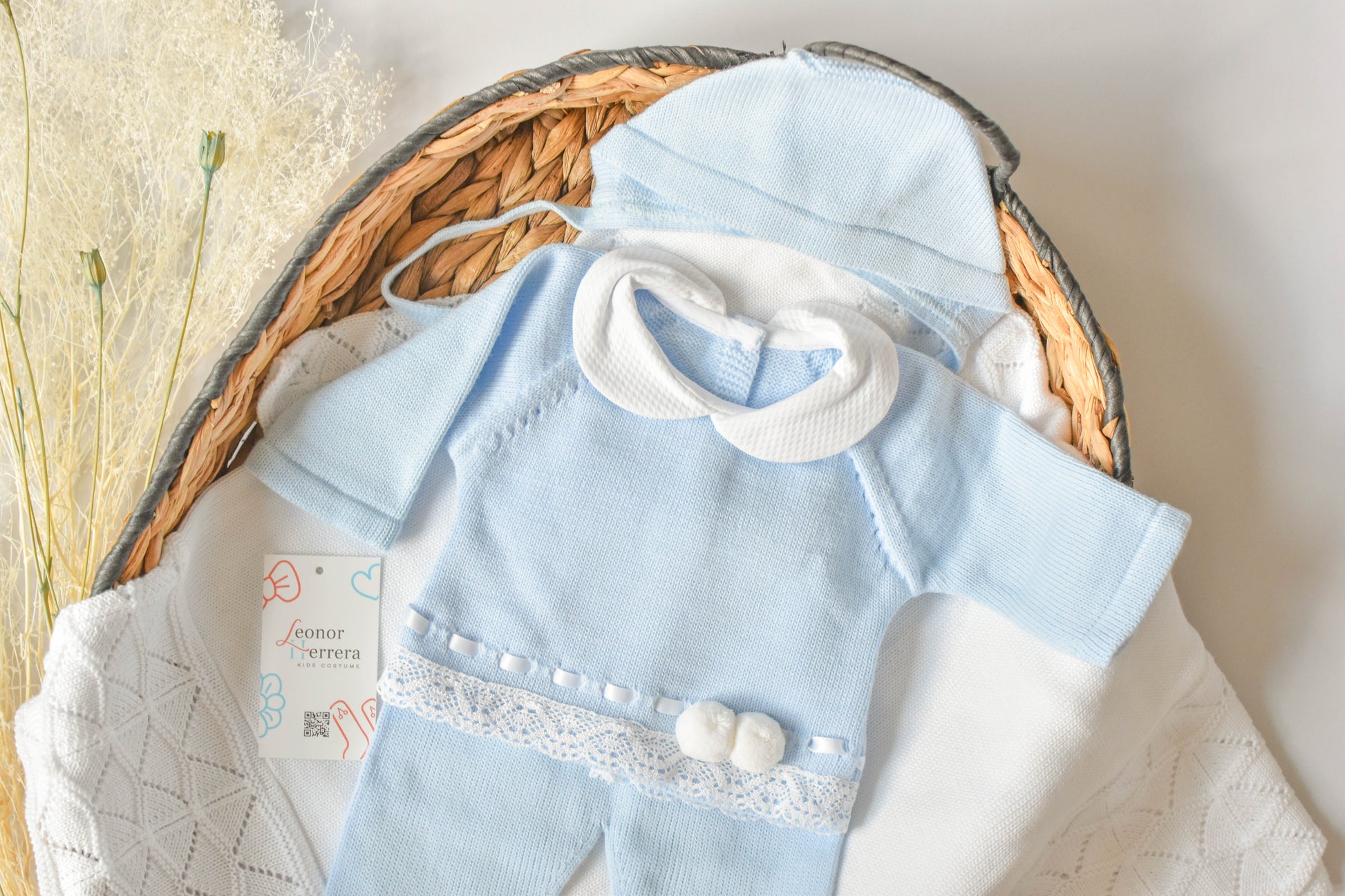 Knitted Pom Pom with Lace Trim in Sky Blue - White